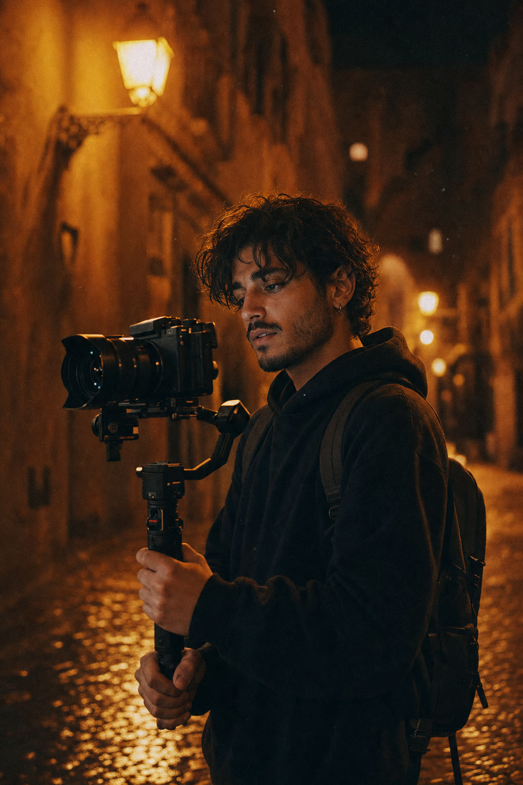 A content creator filming on a cobblestone street at night in Lisbon
